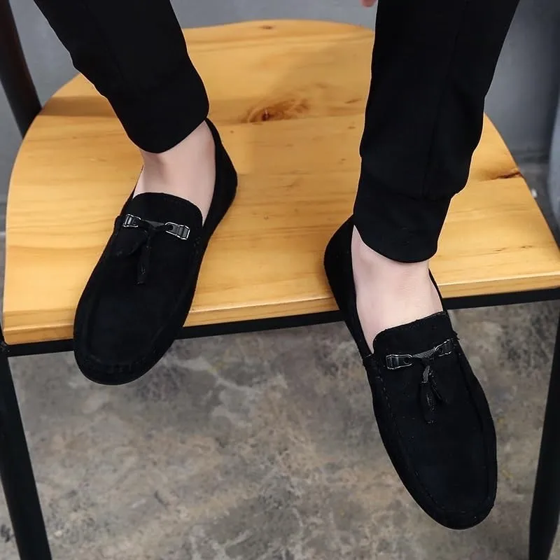 Men's Suede Loafers with Tassel ?CRound Toe Flat Heel Slip-Resistant Flexible Classic Loafer Shoes for Prom and Casual Wear