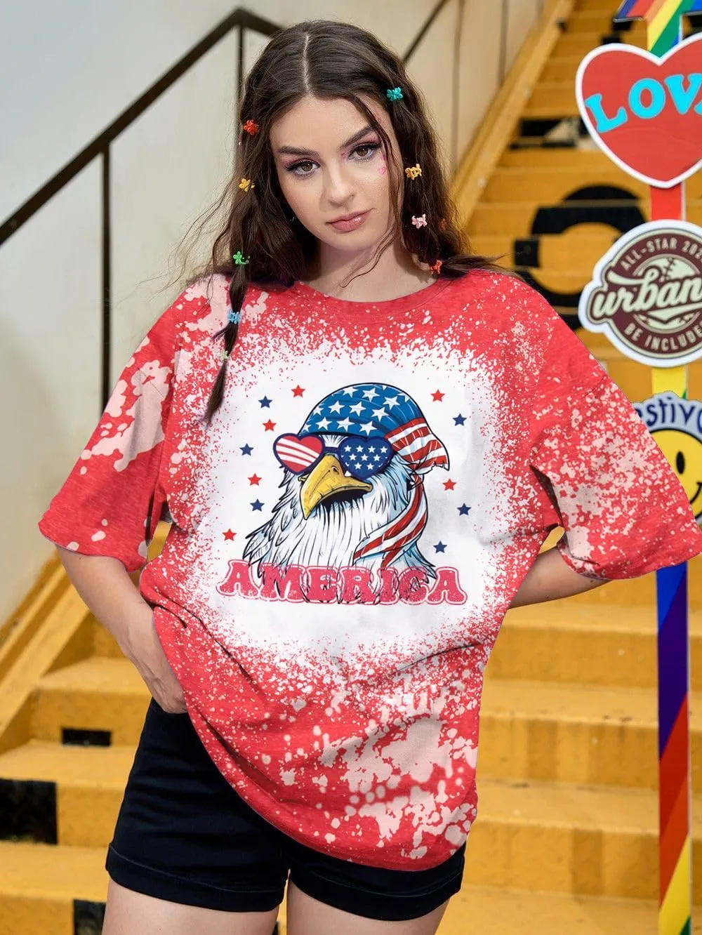 MYHALF American Flag Shirt Womens Western Cow Skull Tshirt USA Patriotic Tee 4th of July Shirts Vintage Oversize Tops
