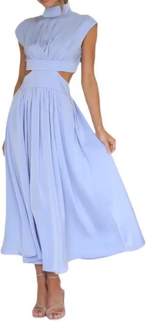 NUFIWI Women Sexy Cutout Waist Midi Dress Mock Neck Sleeveless Pleated Dress Bodycon Ruffle Swing Party Cocktail Dress