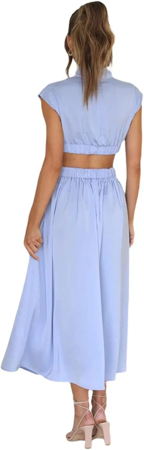 NUFIWI Women Sexy Cutout Waist Midi Dress Mock Neck Sleeveless Pleated Dress Bodycon Ruffle Swing Party Cocktail Dress