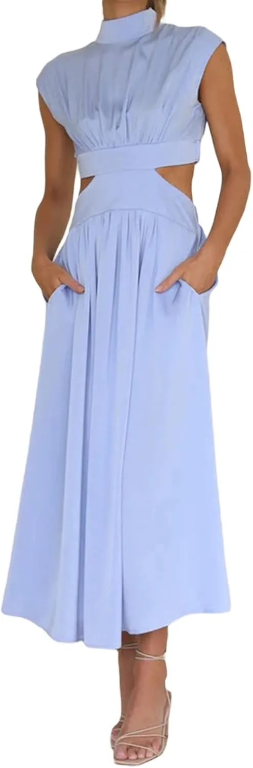 NUFIWI Women Sexy Cutout Waist Midi Dress Mock Neck Sleeveless Pleated Dress Bodycon Ruffle Swing Party Cocktail Dress