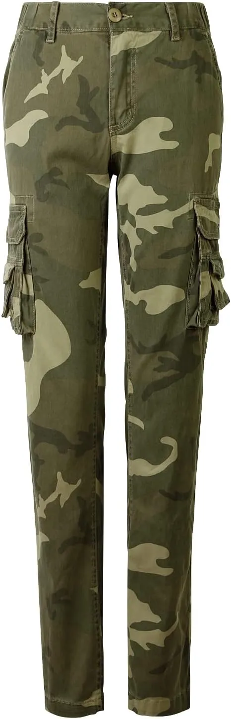 OCHENTA Women's Cotton Stretch Casual Cargo Pants Como Combat Straight Leg with Multi Pockets