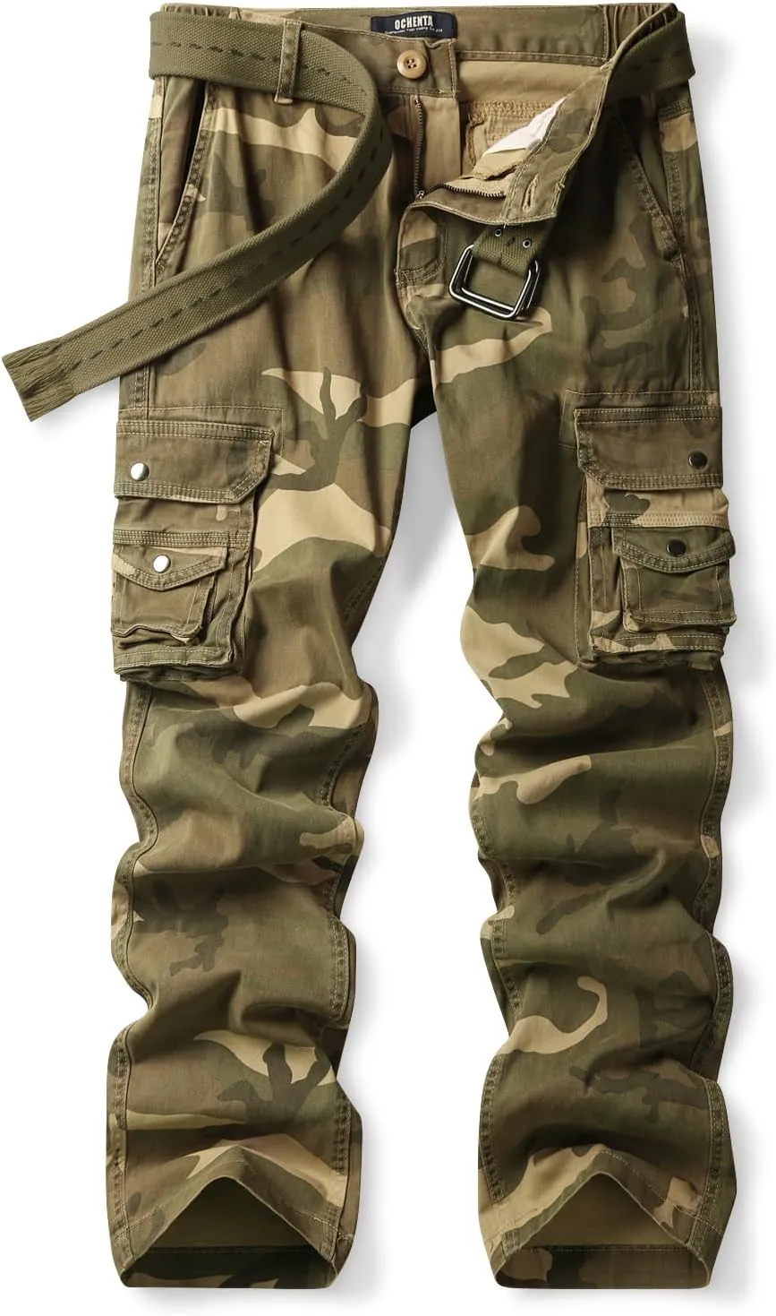 OCHENTA Women's Cotton Stretch Casual Cargo Pants Como Combat Straight Leg with Multi Pockets