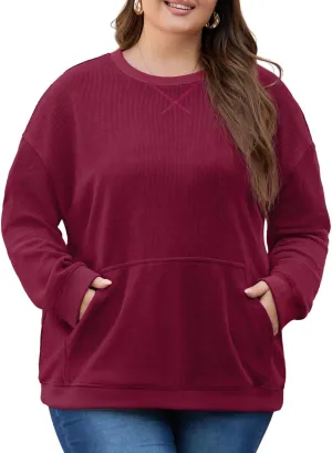 OLRIK Plus Size Sweatshirts for Women Corduroy Knit Long Sleeve Crew Neck Pullover with Pocket 2025 Trendy Sweater 1X-5X