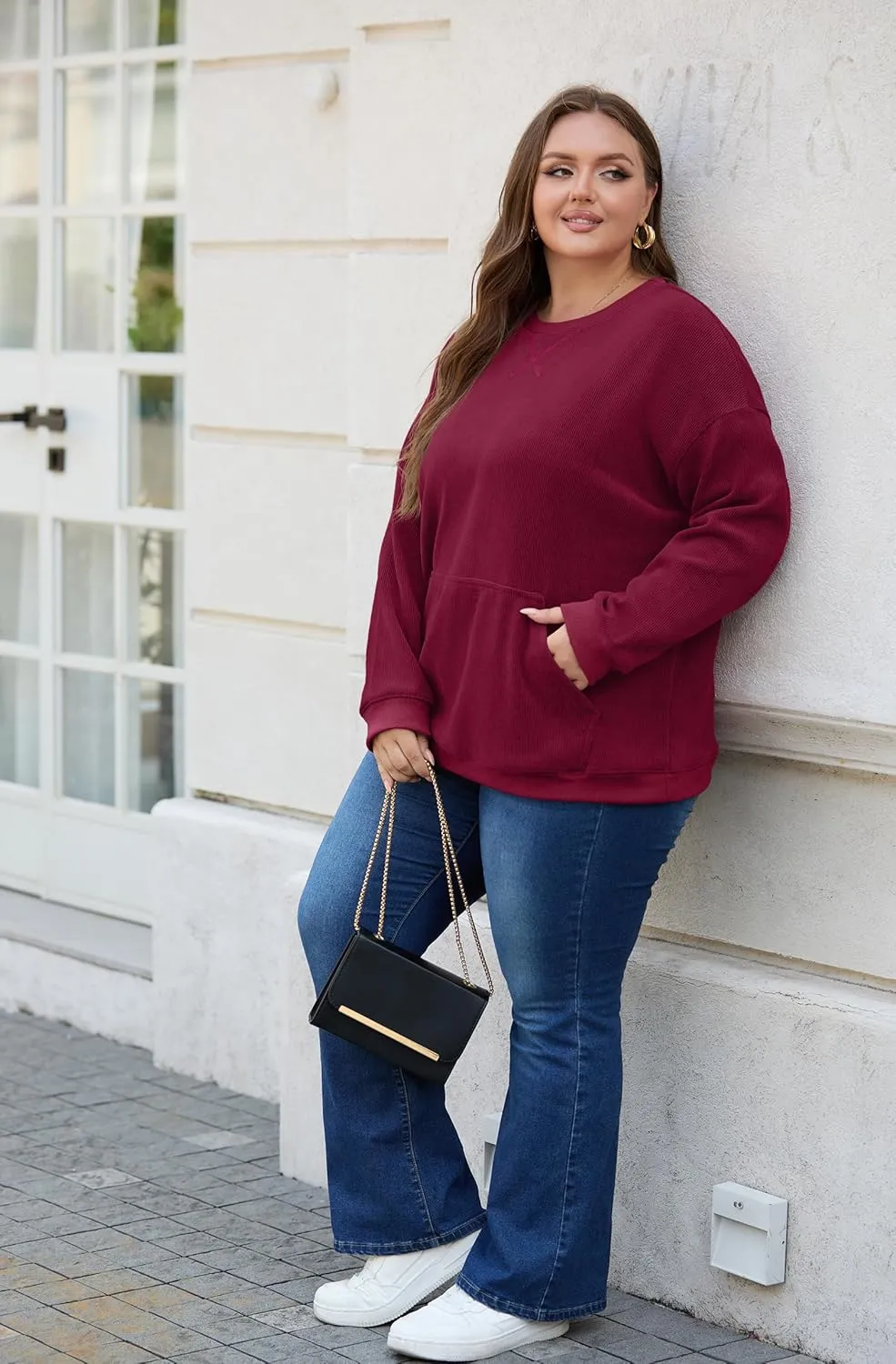 OLRIK Plus Size Sweatshirts for Women Corduroy Knit Long Sleeve Crew Neck Pullover with Pocket 2025 Trendy Sweater 1X-5X