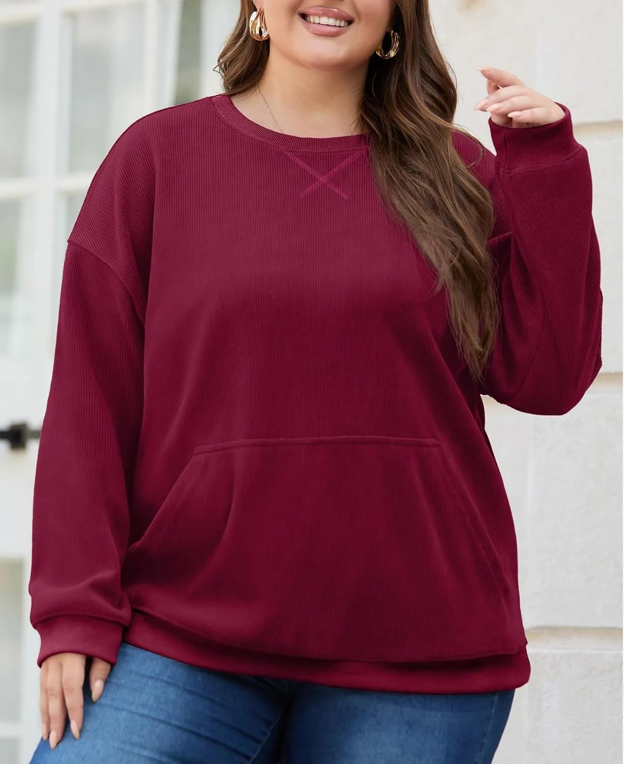 OLRIK Plus Size Sweatshirts for Women Corduroy Knit Long Sleeve Crew Neck Pullover with Pocket 2025 Trendy Sweater 1X-5X
