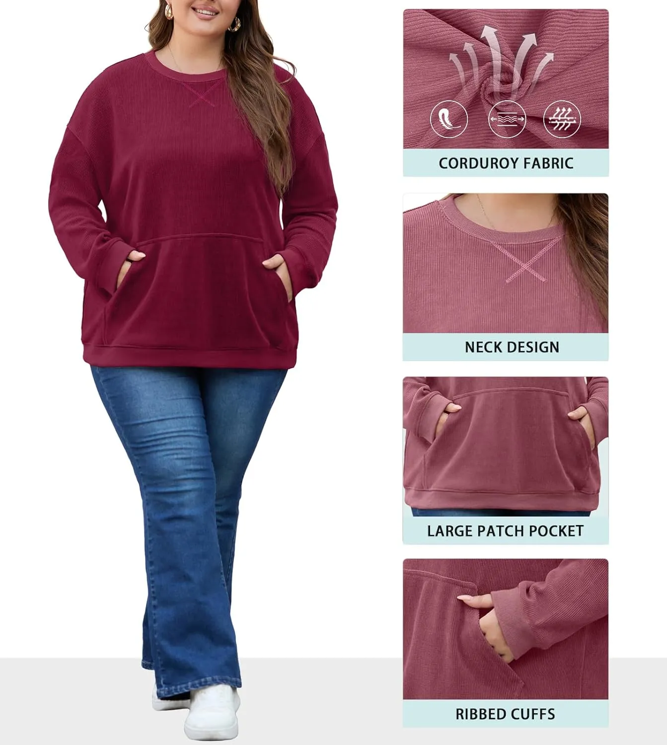 OLRIK Plus Size Sweatshirts for Women Corduroy Knit Long Sleeve Crew Neck Pullover with Pocket 2025 Trendy Sweater 1X-5X
