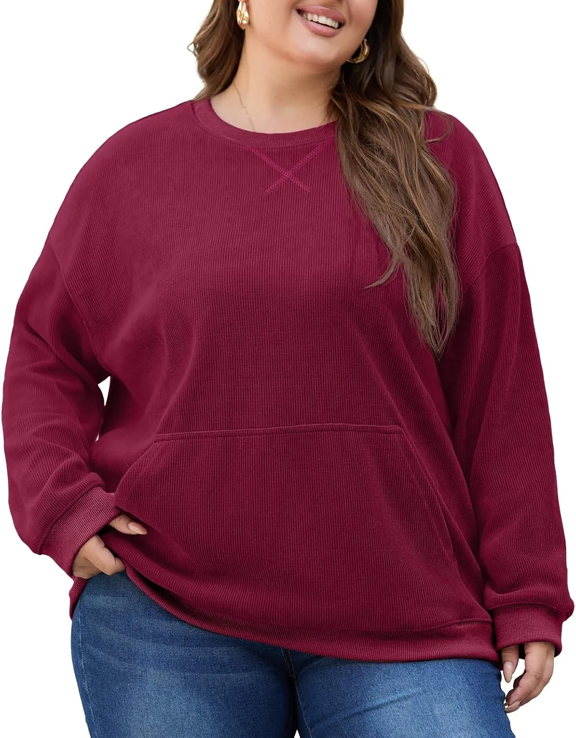 OLRIK Plus Size Sweatshirts for Women Corduroy Knit Long Sleeve Crew Neck Pullover with Pocket 2025 Trendy Sweater 1X-5X
