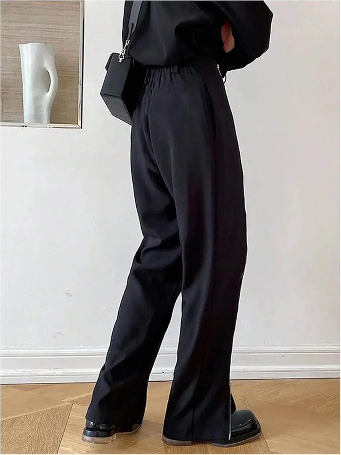 OYOANGLE Men's Zipper Front Straight Leg Pants Casual Trousers with Pocket Streetwear