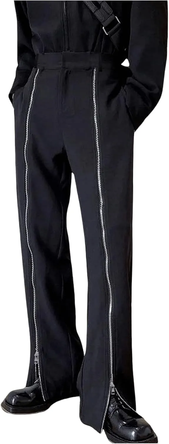 OYOANGLE Men's Zipper Front Straight Leg Pants Casual Trousers with Pocket Streetwear