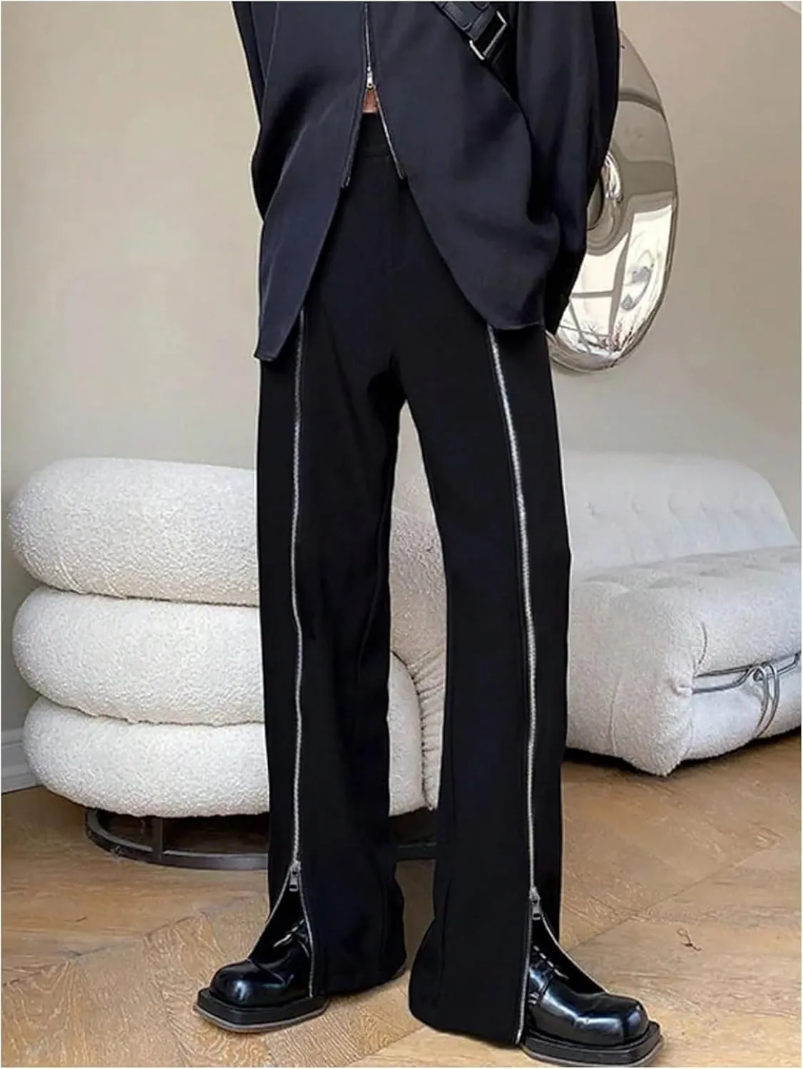 OYOANGLE Men's Zipper Front Straight Leg Pants Casual Trousers with Pocket Streetwear