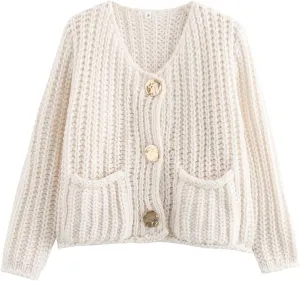 Perbai Women's Cropped Cardigan Sweater Long Sleeve Button Down Chunky Knit Cardigan Fall Outfits 2024