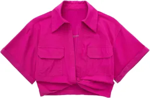 Perbai Women's Summer Crop Top Deep V Neck Short Sleeve Twist Front Collared Shirt Linen Blouse