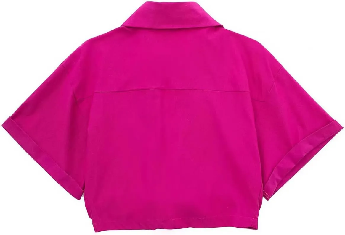 Perbai Women's Summer Crop Top Deep V Neck Short Sleeve Twist Front Collared Shirt Linen Blouse