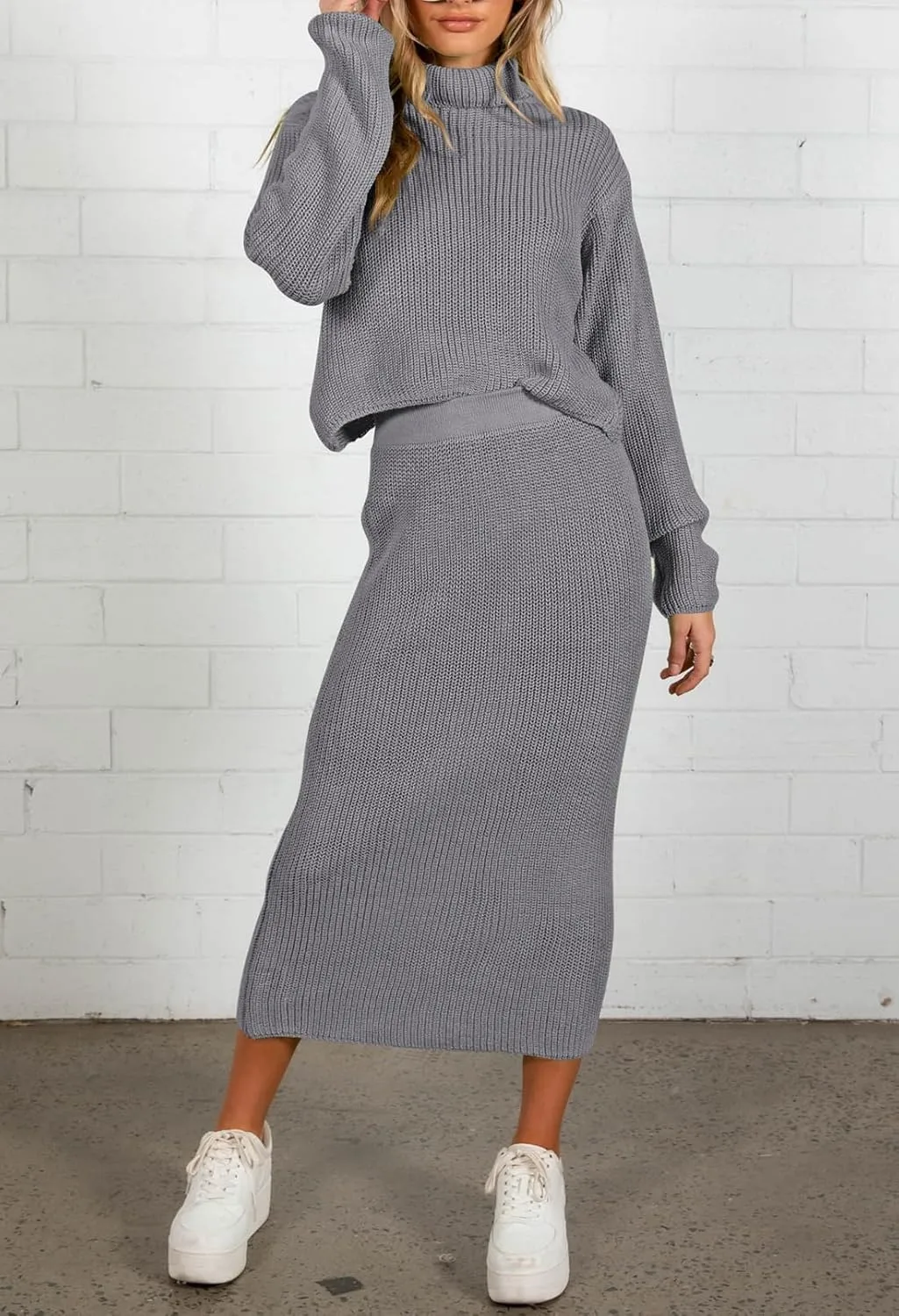 Pink Queen Women's Fall 2 Piece Sweater Set Rib Knit Long Sleeve Cross Criss Top Maxi Bodycon Skirt Casual Outfits
