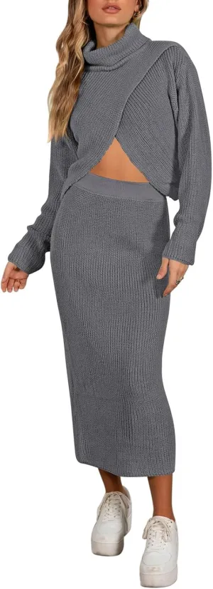 Pink Queen Women's Fall 2 Piece Sweater Set Rib Knit Long Sleeve Cross Criss Top Maxi Bodycon Skirt Casual Outfits