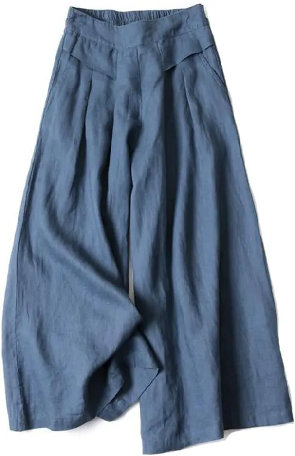 Plustrong Womens Culottes Linen Pants Casual Cropped Wide Leg Pants Palazzo Pants Capris