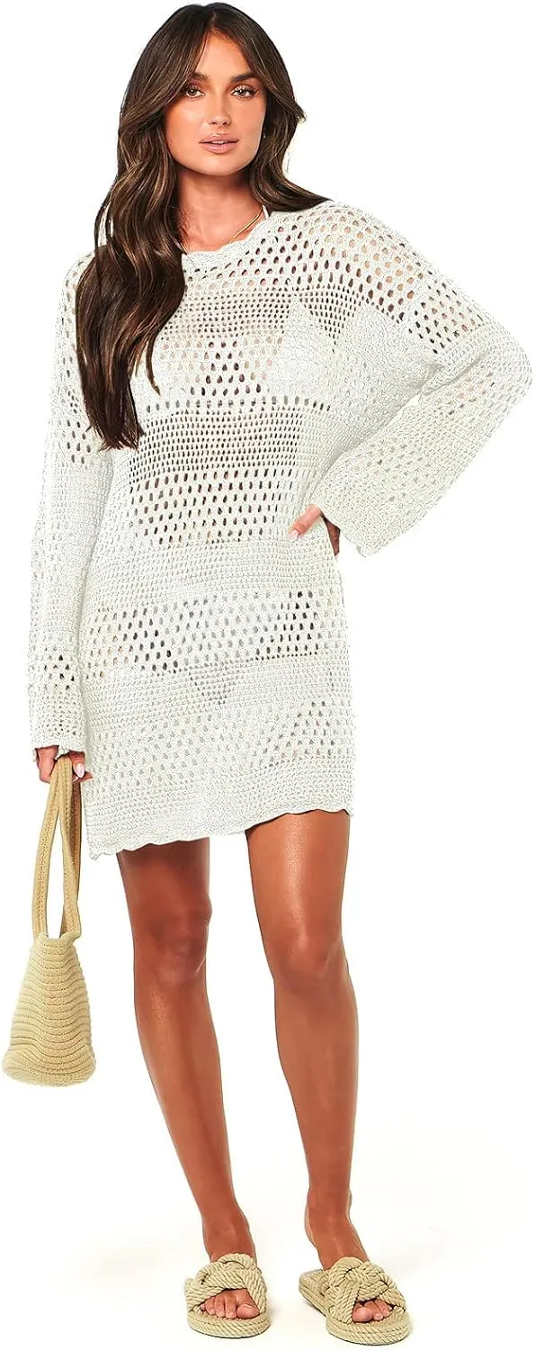 Prinbara Crochet Cover Up for Women Swimsuit Summer Bathing Suit 2025 Swim Hollow Out Bikini Swimwear Mesh Knit Beach Dress