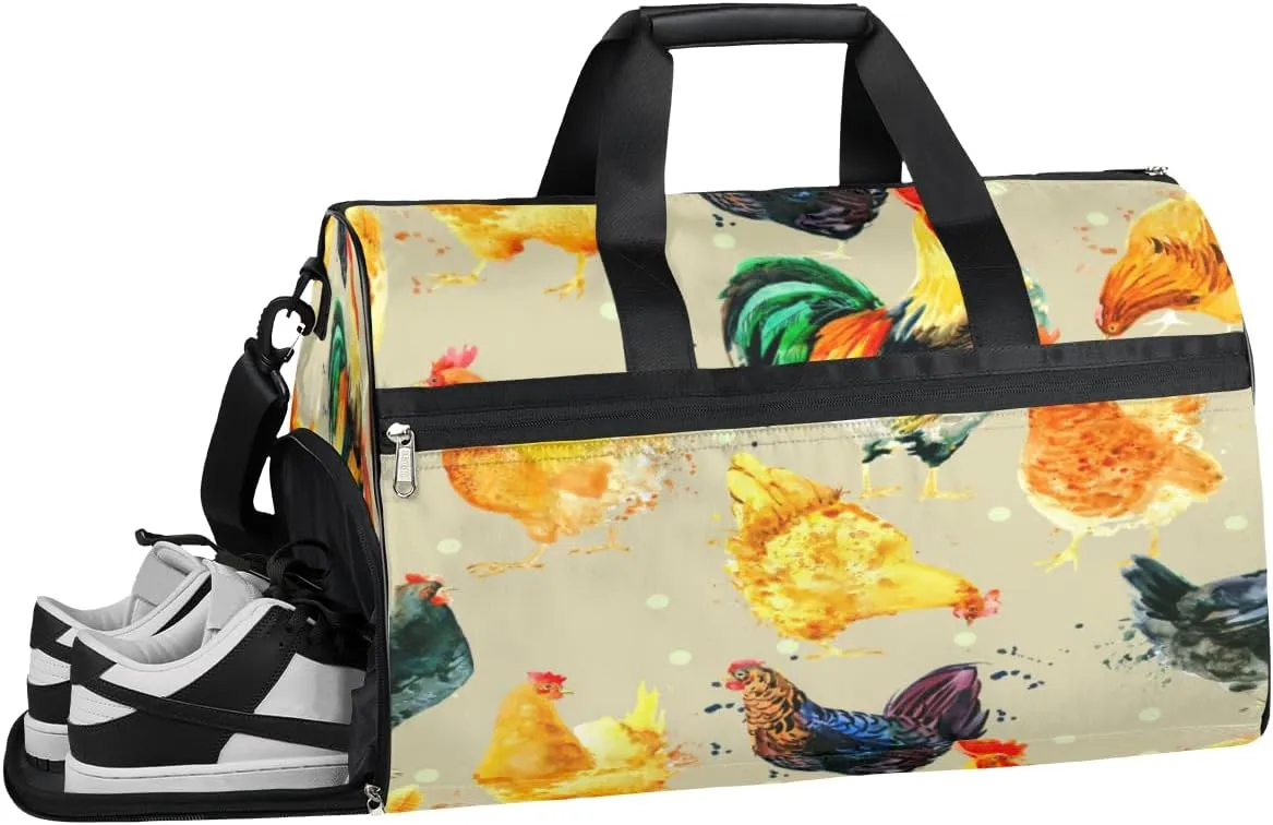 Rooster Animal Chicken Sports Gym Bag with Wet Pocket & Shoes Compartment Waterproof Workout Duffel Bag for Women and Men Weekender Overnight Duffle Bag Travel Carry-on Tote