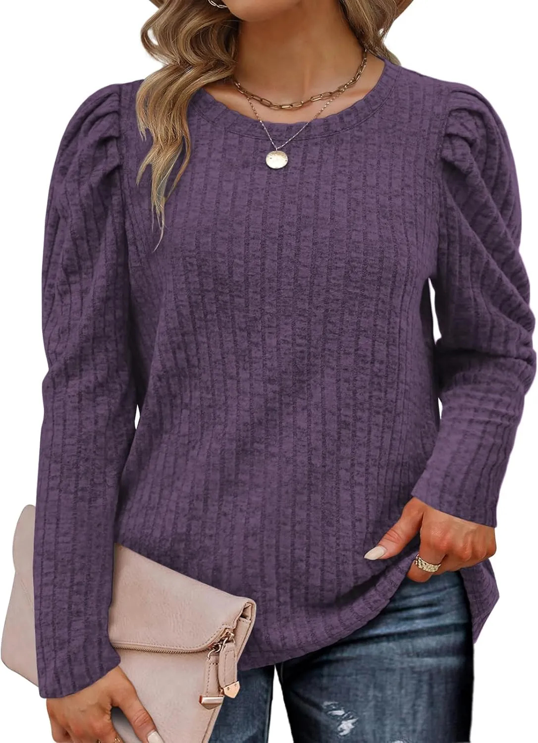 ROSRISS Womens Plus-Size Tops Crewneck Puff Long Sleeve Shirts Dressy Ribbed Knit Tunics Elegant Pullover Sweaters XL-5XL