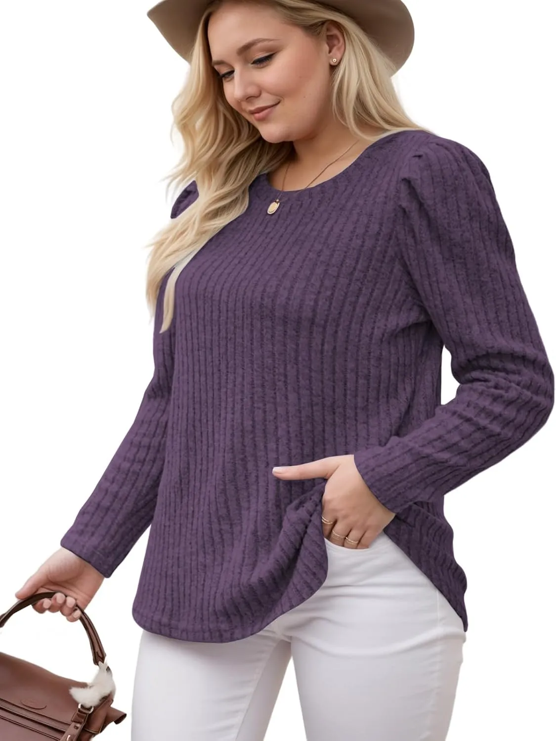 ROSRISS Womens Plus-Size Tops Crewneck Puff Long Sleeve Shirts Dressy Ribbed Knit Tunics Elegant Pullover Sweaters XL-5XL