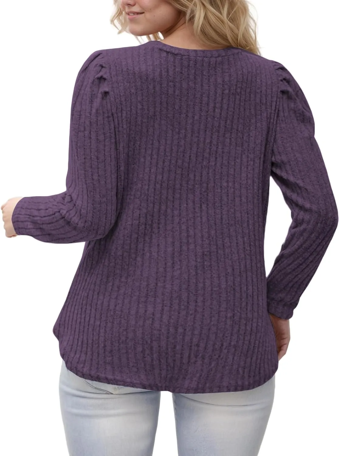 ROSRISS Womens Plus-Size Tops Crewneck Puff Long Sleeve Shirts Dressy Ribbed Knit Tunics Elegant Pullover Sweaters XL-5XL