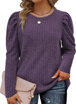 ROSRISS Womens Plus-Size Tops Crewneck Puff Long Sleeve Shirts Dressy Ribbed Knit Tunics Elegant Pullover Sweaters XL-5XL