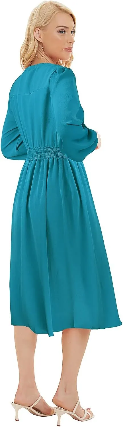 ROYLAMP Women's Floral Button Up Split Dress Deep V Short Bell Sleeve Casual Midi Dress with Pockets