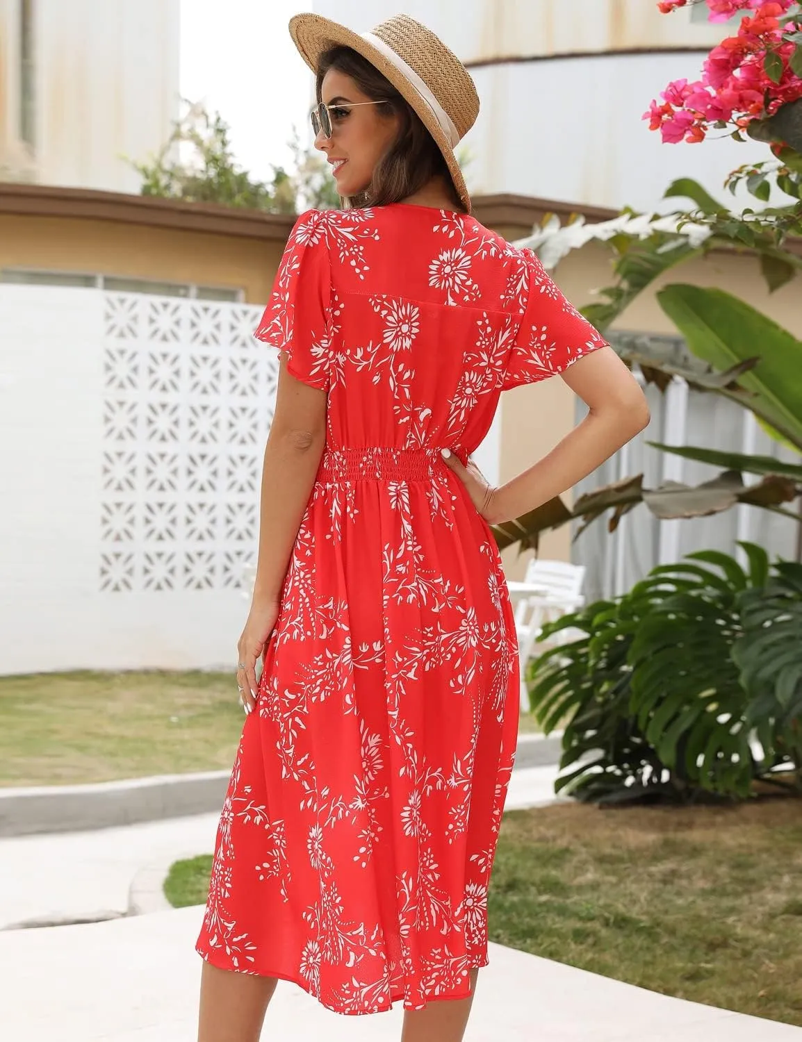 ROYLAMP Women's Floral Button Up Split Dress Deep V Short Bell Sleeve Casual Midi Dress with Pockets