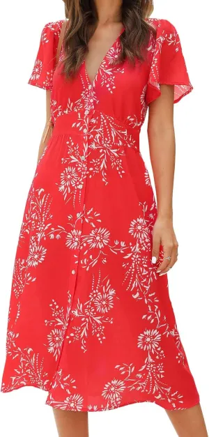 ROYLAMP Women's Floral Button Up Split Dress Deep V Short Bell Sleeve Casual Midi Dress with Pockets