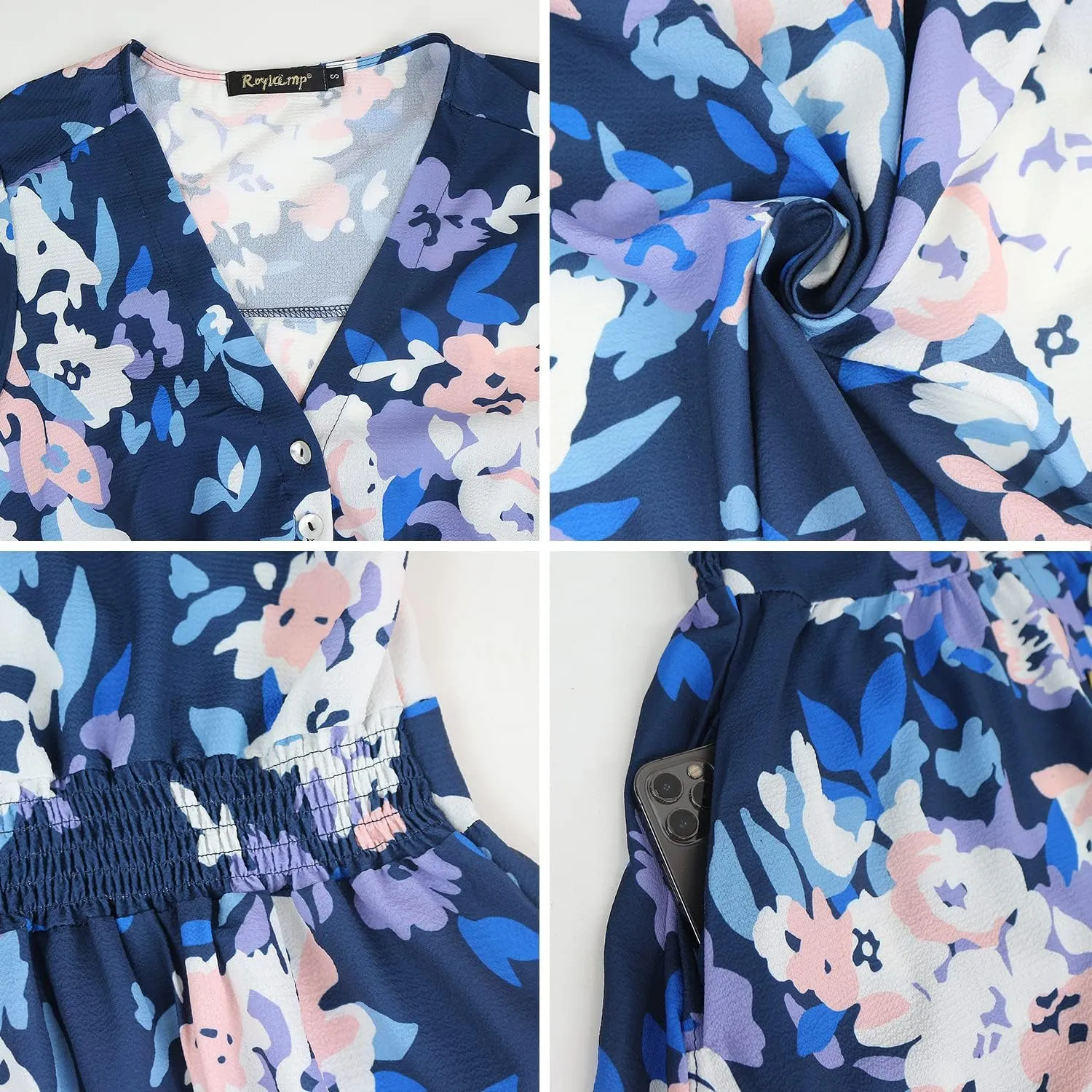ROYLAMP Women's Floral Button Up Split Dress Deep V Short Bell Sleeve Casual Midi Dress with Pockets