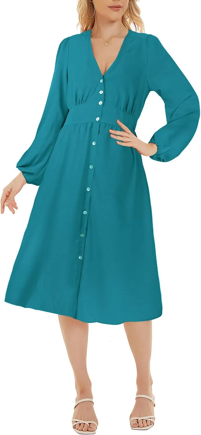 ROYLAMP Women's Floral Button Up Split Dress Deep V Short Bell Sleeve Casual Midi Dress with Pockets