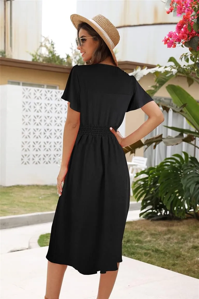 ROYLAMP Women's Floral Button Up Split Dress Deep V Short Bell Sleeve Casual Midi Dress with Pockets