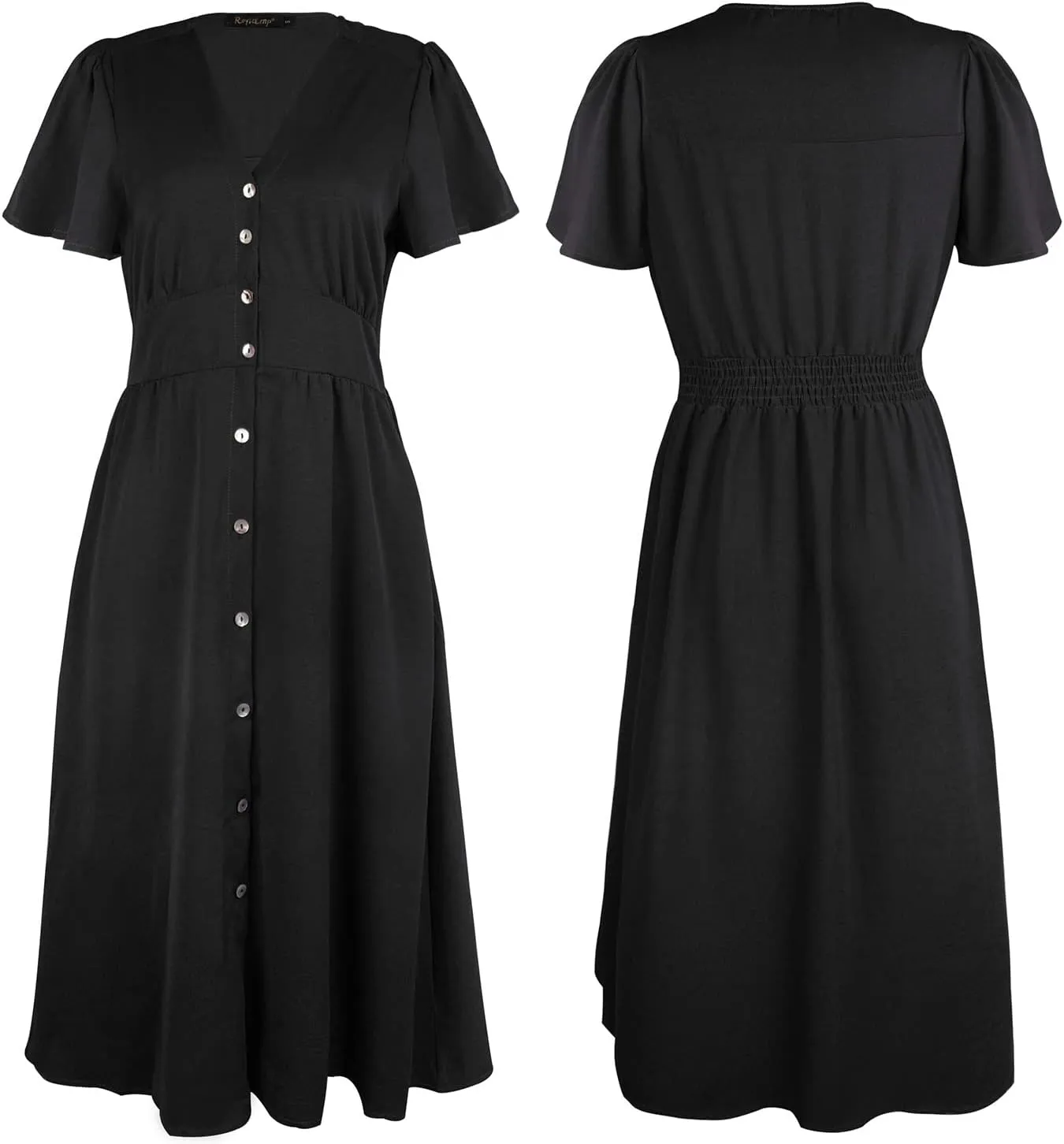 ROYLAMP Women's Floral Button Up Split Dress Deep V Short Bell Sleeve Casual Midi Dress with Pockets