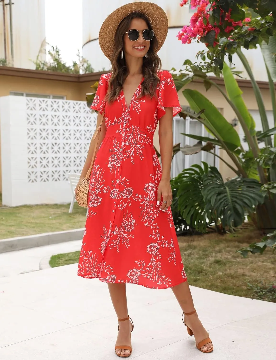 ROYLAMP Women's Floral Button Up Split Dress Deep V Short Bell Sleeve Casual Midi Dress with Pockets