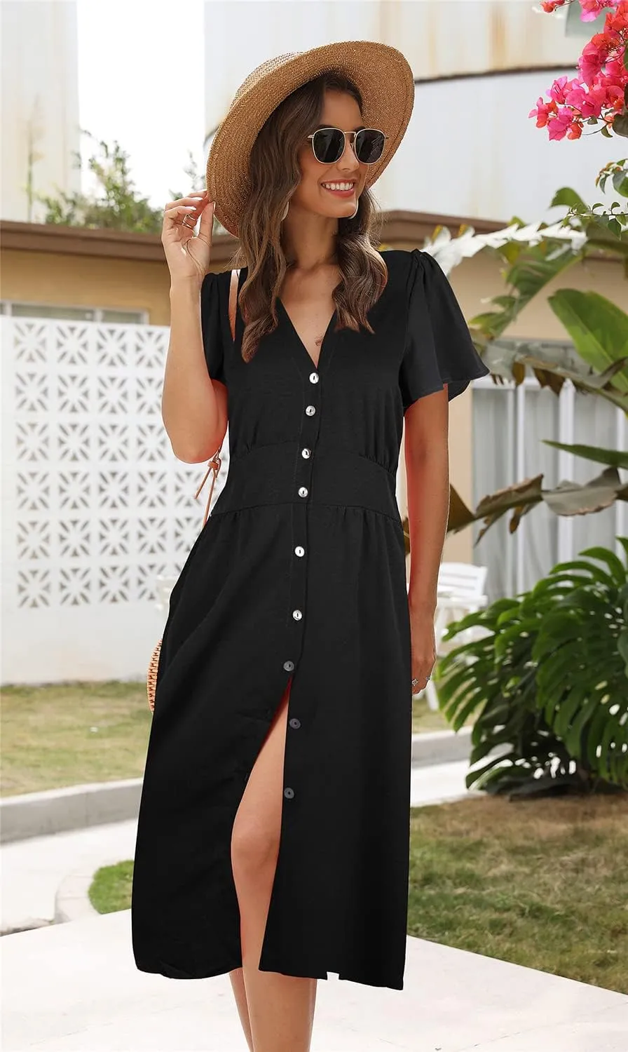 ROYLAMP Women's Floral Button Up Split Dress Deep V Short Bell Sleeve Casual Midi Dress with Pockets