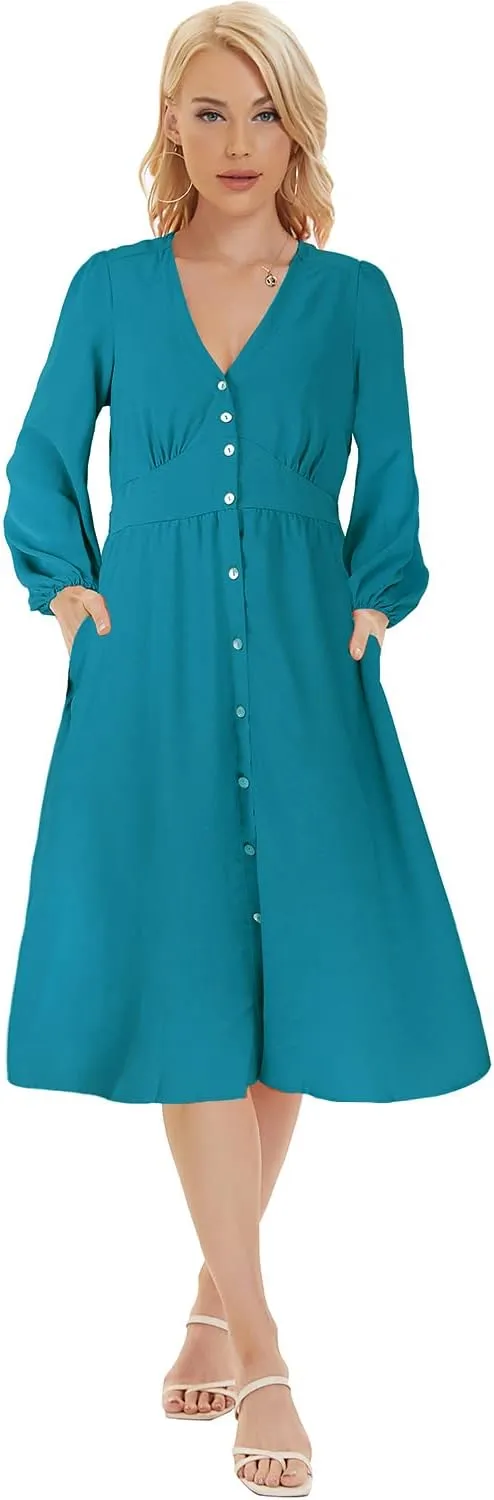 ROYLAMP Women's Floral Button Up Split Dress Deep V Short Bell Sleeve Casual Midi Dress with Pockets