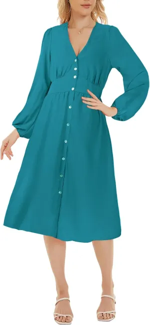ROYLAMP Women's Floral Button Up Split Dress Deep V Short Bell Sleeve Casual Midi Dress with Pockets