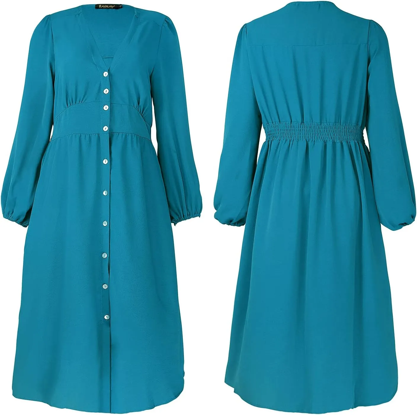ROYLAMP Women's Floral Button Up Split Dress Deep V Short Bell Sleeve Casual Midi Dress with Pockets