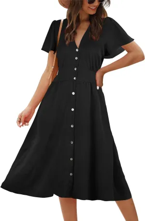 ROYLAMP Women's Floral Button Up Split Dress Deep V Short Bell Sleeve Casual Midi Dress with Pockets
