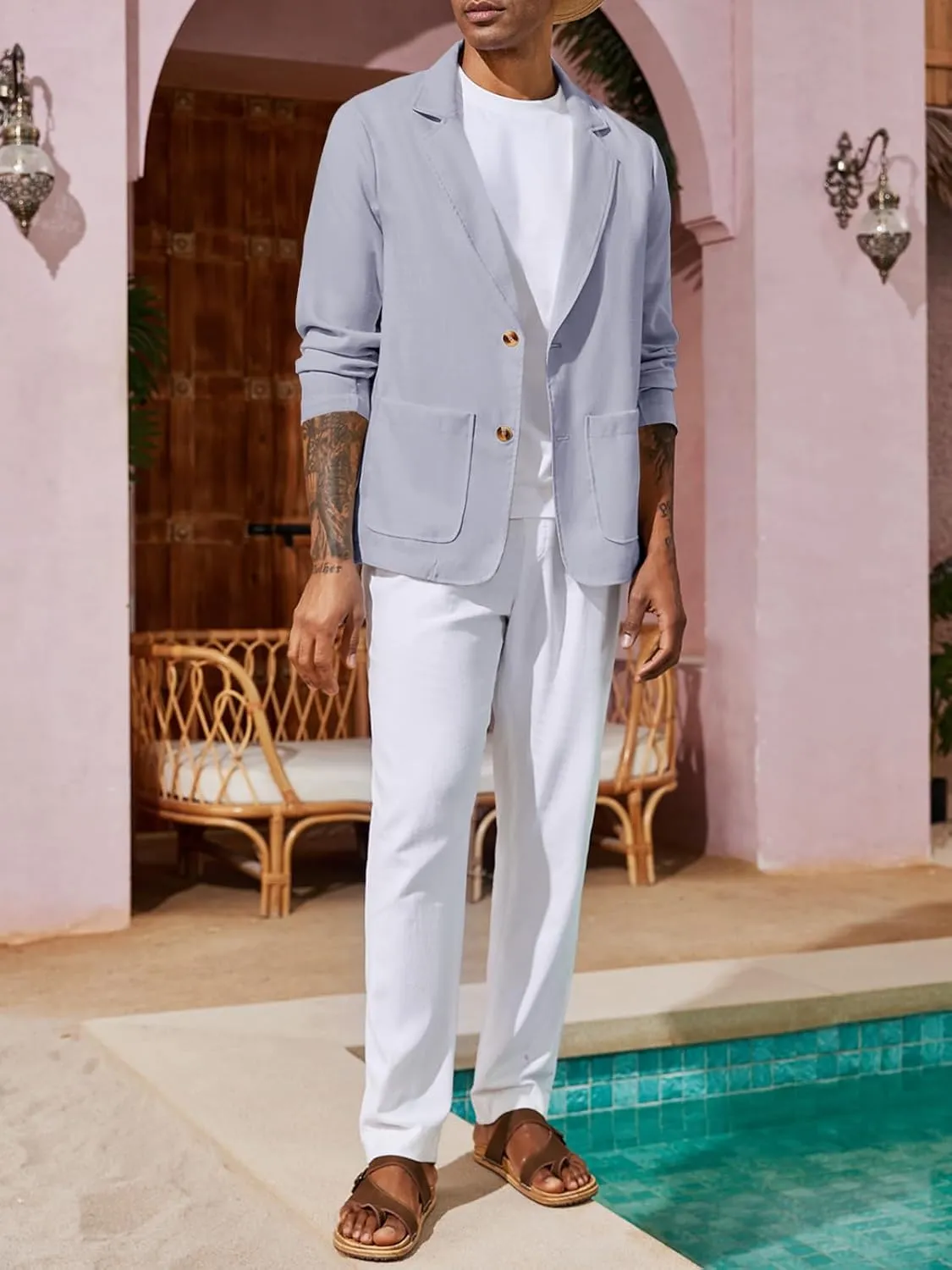 Runcati Mens Casual Linen Blazer Suit Jacket Two Button Slim Fit Lightweight Business Sport Coats