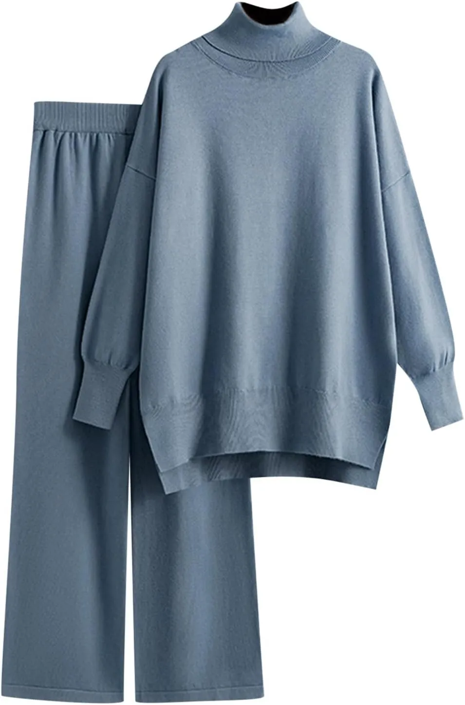 sdbrld Lounge Sets for Women 2 Piece,Womens Matching Lounge Set Long Sleeve High Neck Knit Sweater Wide Leg Pants Set Outfits