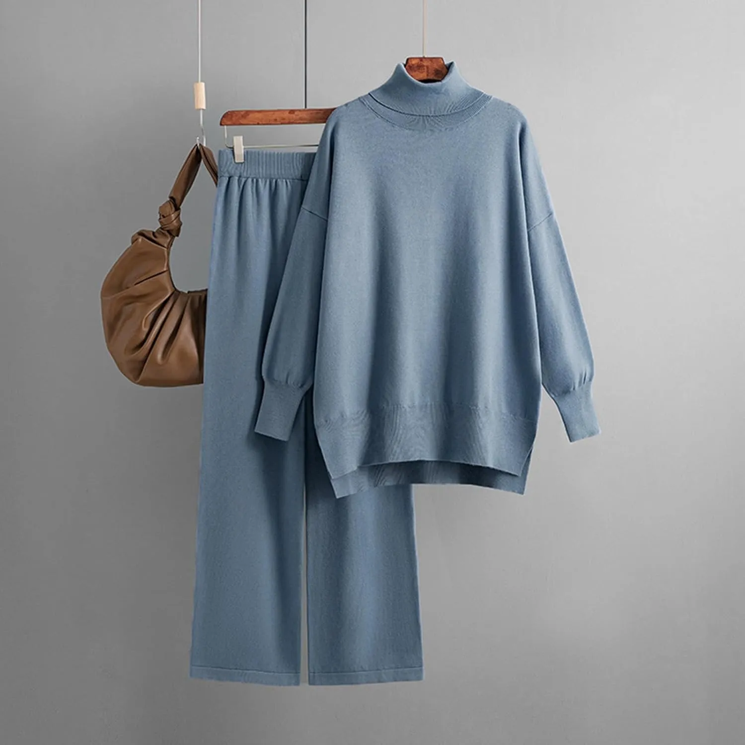 sdbrld Lounge Sets for Women 2 Piece,Womens Matching Lounge Set Long Sleeve High Neck Knit Sweater Wide Leg Pants Set Outfits