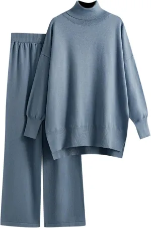 sdbrld Lounge Sets for Women 2 Piece,Womens Matching Lounge Set Long Sleeve High Neck Knit Sweater Wide Leg Pants Set Outfits