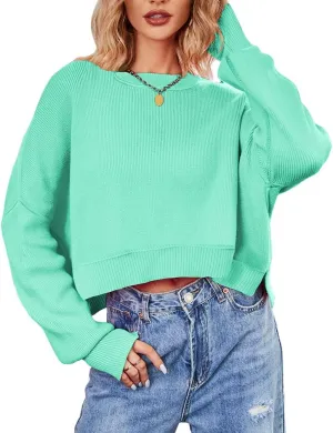 Sdencin Women Crew Neck Solid Oversized Cropped Sweater Long Sleeve Drop Shoulder Side Slit Knit Crop Pullover Jumper