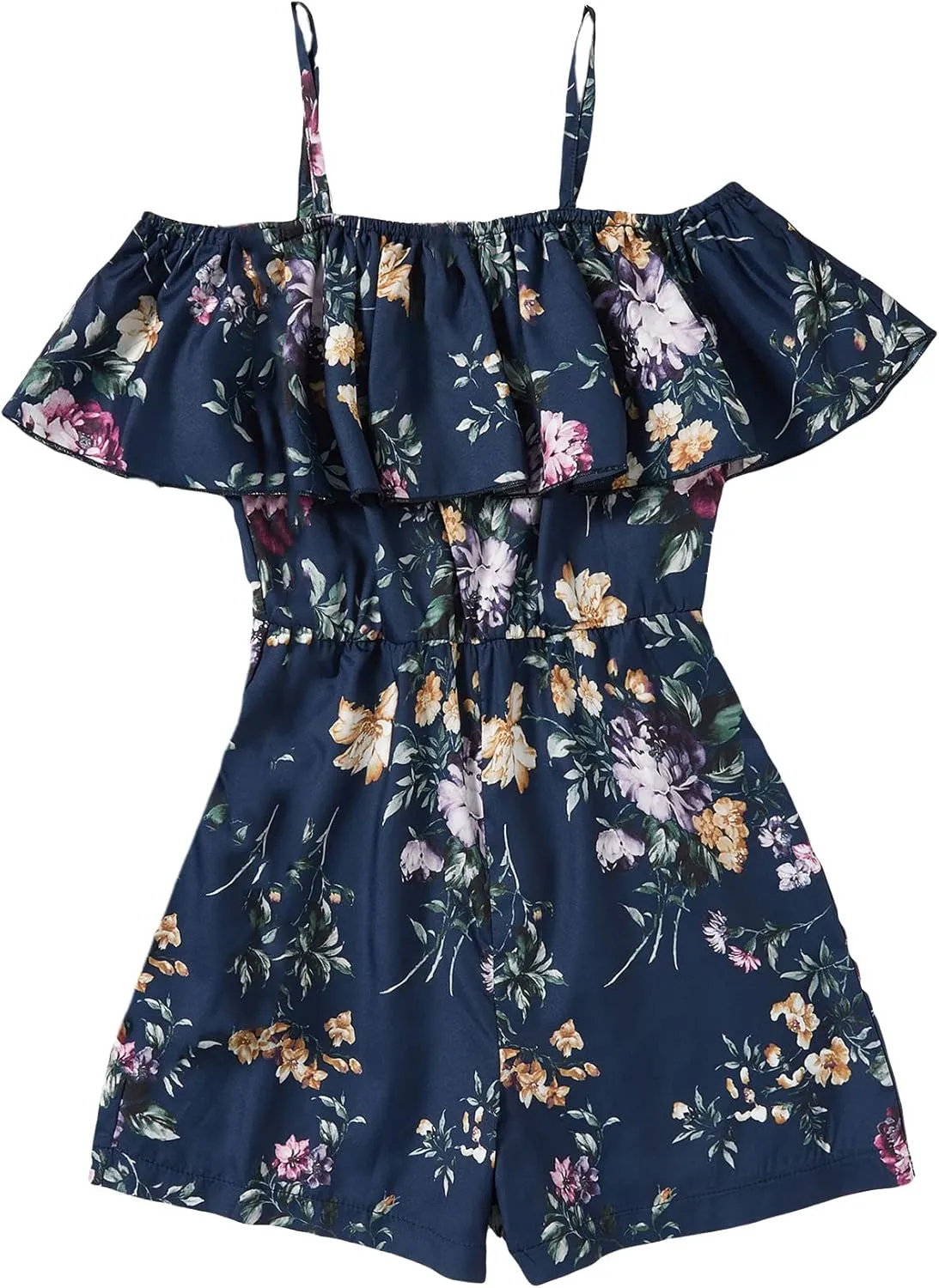 SHENHE Girl's Floral Cold Shoulder Ruffle Short Sleeve Summer Romper Short Jumpsuit