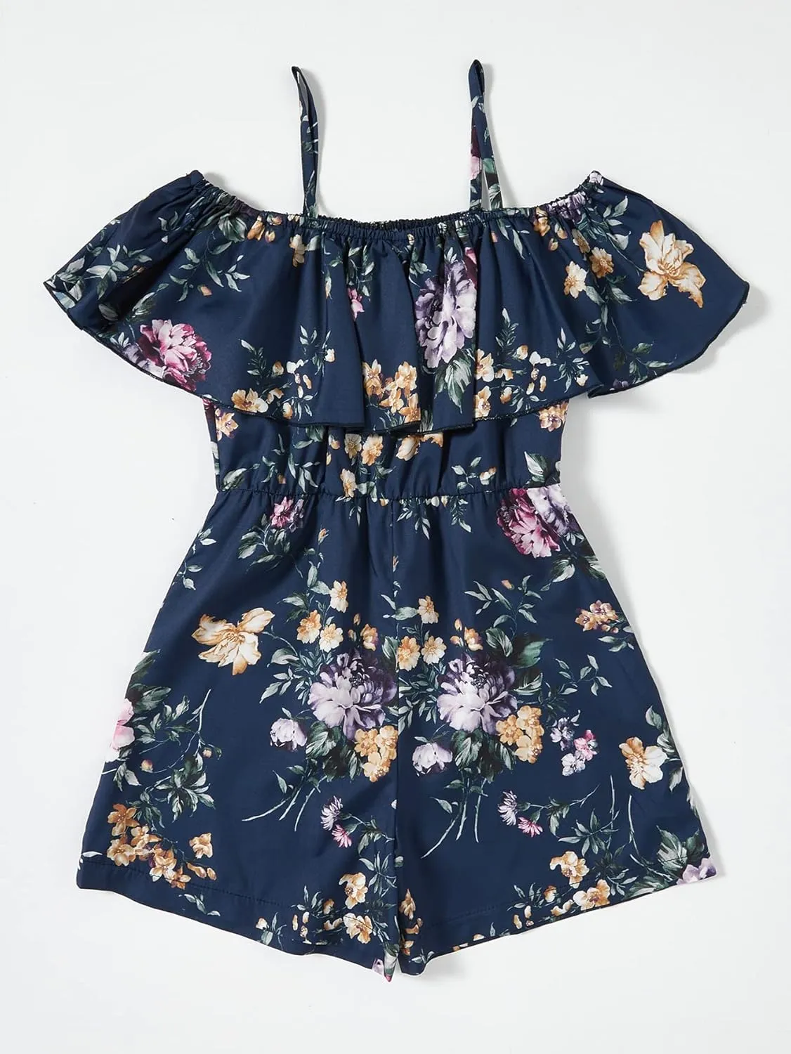SHENHE Girl's Floral Cold Shoulder Ruffle Short Sleeve Summer Romper Short Jumpsuit