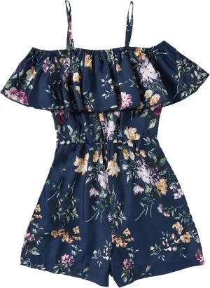 SHENHE Girl's Floral Cold Shoulder Ruffle Short Sleeve Summer Romper Short Jumpsuit