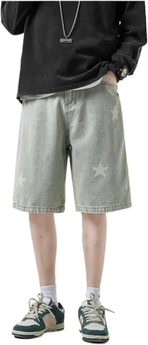 Star Print Wide Leg Denim Shorts High Waist Vintage Washed Loose Baggy Streetwear Casual Jean Shorts Jorts