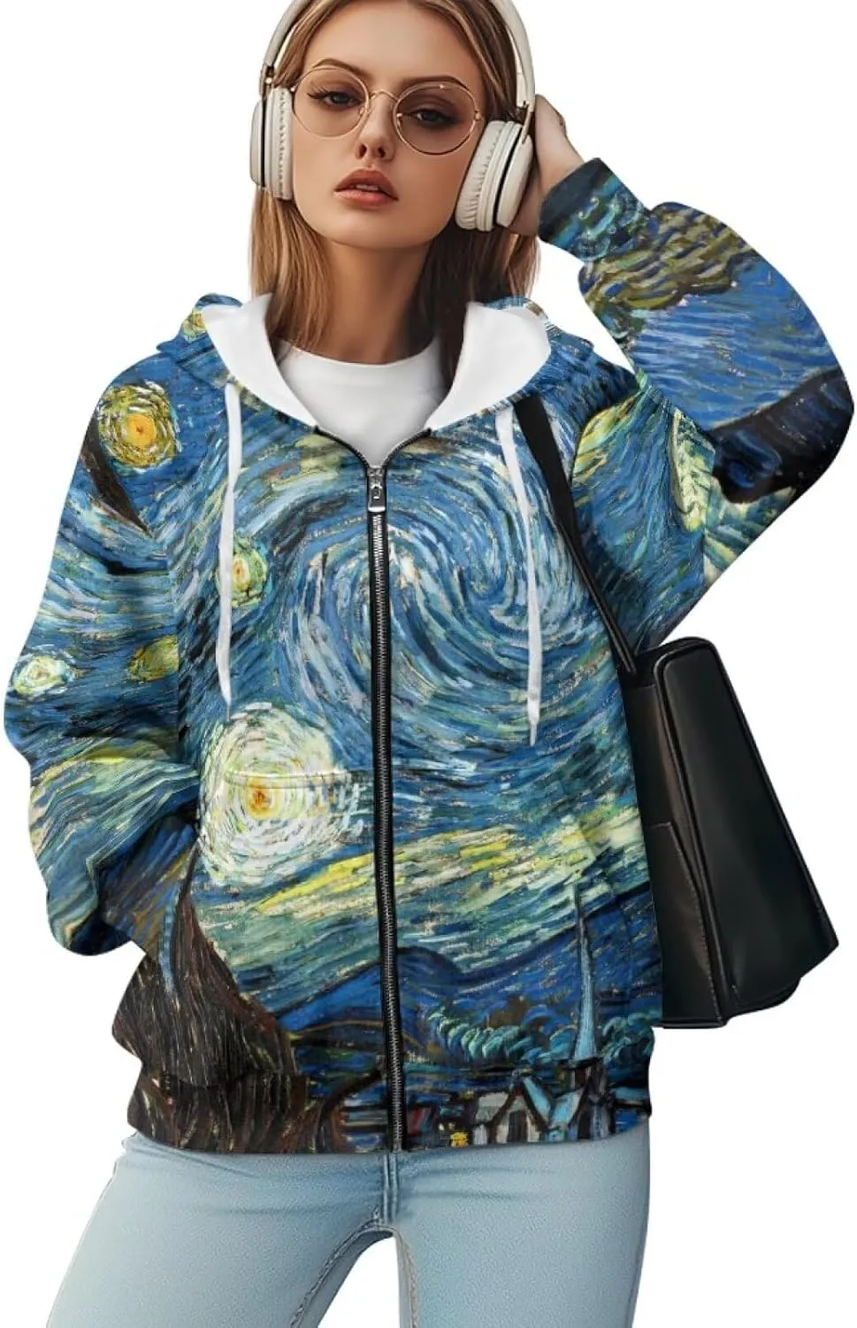 Starry Night Painting Women Full Zip-Up Hoodies 3D Print Graphic Sweatshirts Cool Novelty Hooded Hoodie